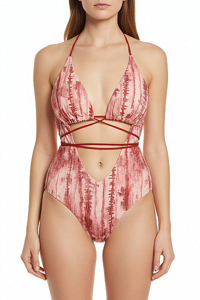 Jednodílné Plavky Na Zavazování S Průstřihy Batikované Růžové