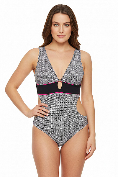 Sapph Jednodílné Plavky černo-bílé řecký Vzor Sexy Vykrojené Vel. EU 40
