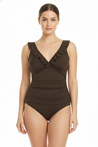 Ralph Lauren Jednodílné Plavky Hnědé Volánky Zeštíhlující Velikost EU 42