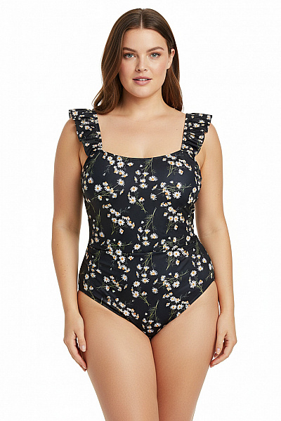 UNDERPROTECTION Jednodílné Plavky Květinové S Volánky černé Velikost XL