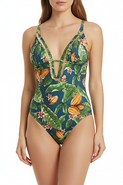 Watercult Jednodílné Plavky Květinové Zelené Na Zavazování S Třásněmi Vel. 40