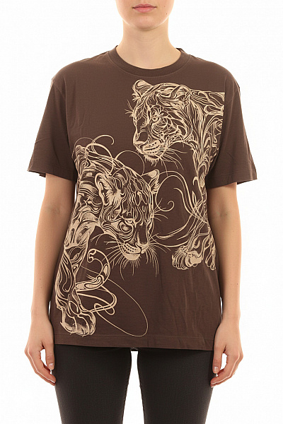 Guess Dámské Tričko S Krátkým Rukávem A Potiskem Tygra Hnědé Bavlněné Velikost L