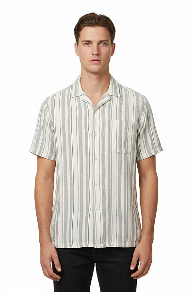Pánské Košile S Krátkým Rukávem Pruhovaná Letní Lněné Vel. M