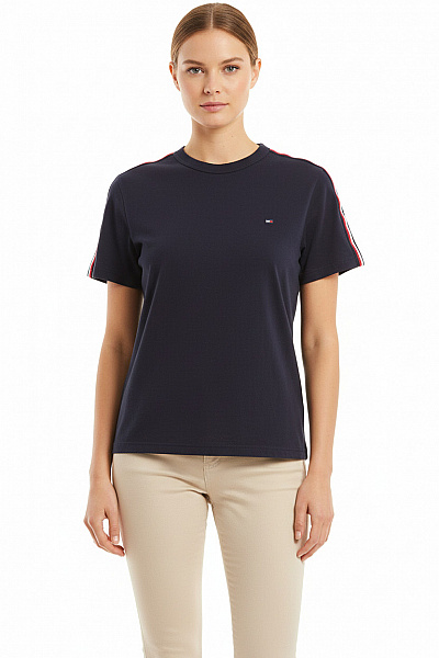 TOMMY HILFIGER Dámské Tričko S Krátkým Rukávem A Proužky Na Rukávech Velikost L