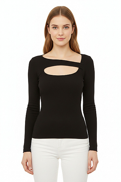 Dámské Tričko S Dlouhým Rukávem černé Asymetrické S Průstřihy Bavlněné Velikost EU 36