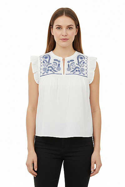 ONLY Bílá Halenka S Krátkým Rukávem A Výšivkou Boho Volná Vel. L