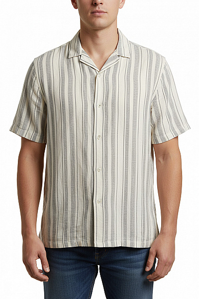Pánské Lněné Košile S Krátkým Rukávem Pruhovaná Letní Ležérní Vel. XL