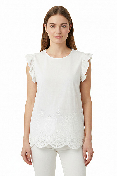 VILA Bílá Halenka Bez Rukávů S Nabíranými Rukávy A Madeirovou Krajkou Velikost 38
