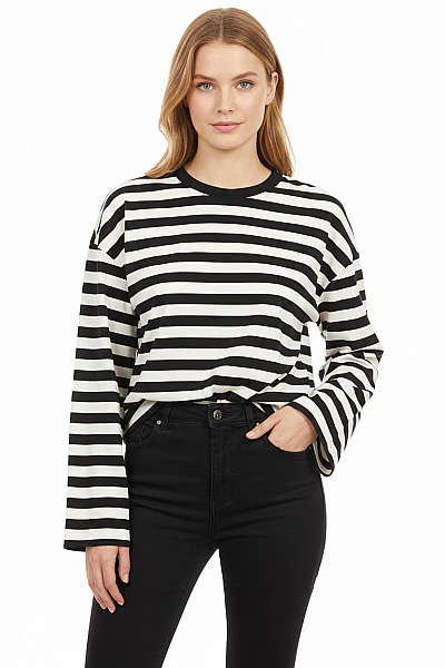 Dámské Tričko S Dlouhým Rukávem Pruhované černé Bílé Bavlna Basic Vel. 36
