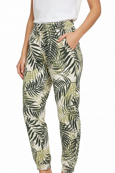 Lascana Dámské Kalhoty Volnočasové S Potiskem Listů Zelené Bavlněné Velikost 44/46