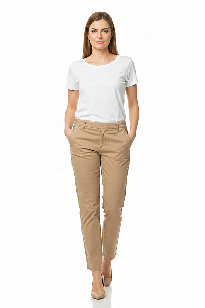 VERO MODA Dámské Bavlněné Kalhoty Volnočasové Béžové Rovné S Kapsami Velikost M