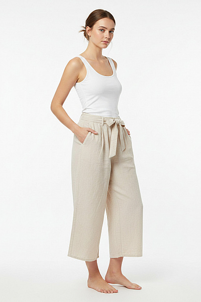 My Haily S Dámské Plátěné Kalhoty S Páskem Volnočasové Letní široké Béžové Vel. S