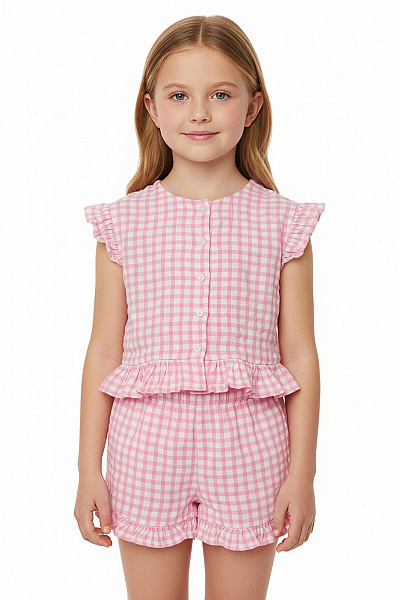 Next Dívčí Růžová Kostkovaná Bavlněná Souprava S Volánky Vel. 12/18 Mesicu