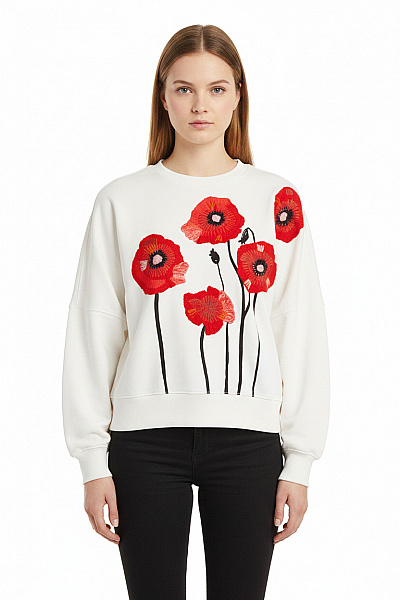 DRYKORN Dámská Mikina S Dlouhým Rukávem Květovaná Bílá Bavlna Výšivka Crewneck Streetwear Velikost XS