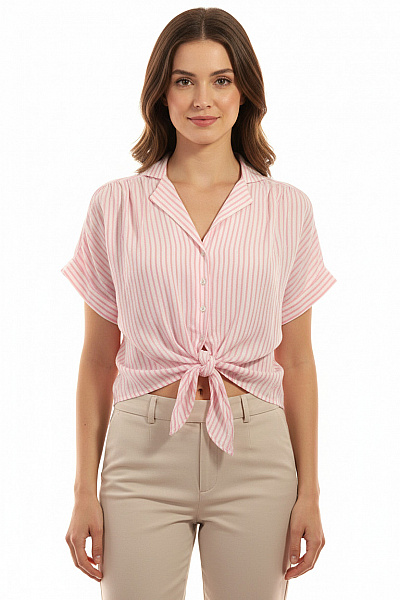 ONLY Dámská Pruhovaná Košile S Krátkým Rukávem Na Zavazování Růžová Velikost M