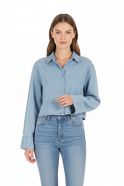 ONLY Dámská Džínová Košile S Dlouhým Rukávem Crop Ležérní Modrá Vel. S