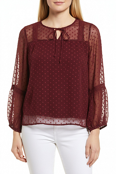 VILA Dámská Halenka S Dlouhým Rukávem A Puntíky Vínová Velikost 42