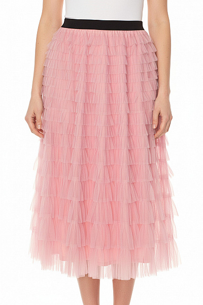 VERO MODA Dámská Růžová Tylová Sukně Midi Vrstvená Volánková Společenská Vel. L