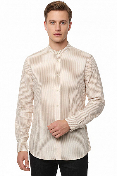Pánská Košile S Dlouhým Rukávem Pruhovaná Béžová Elegantní Vel. L