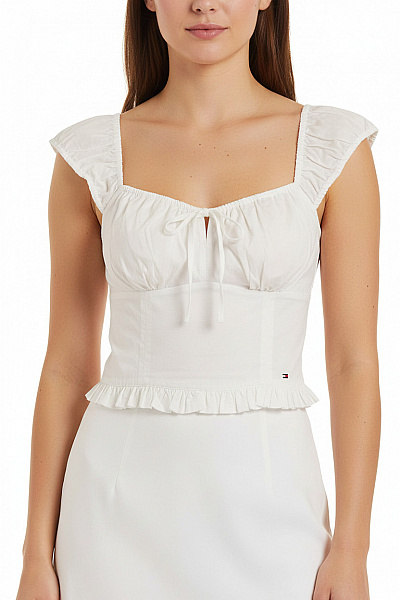 TOMMY HILFIGER Bílé Bavlněné Tričko Bez Rukávů Crop Top S Hranatým Výstřihem Volánové Rukávy Vel. M