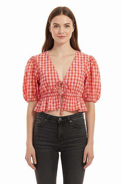 Next Dámská Halenka S Krátkým Rukávem A Mašlí Kostkovaná Crop Bavlněná Letní Velikost 38