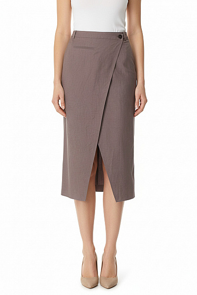 Dámská Zavinovací Midi Sukně Elegantní Business Polyesterová Hnědá S Kapsami S Rozparkem Velikost 36