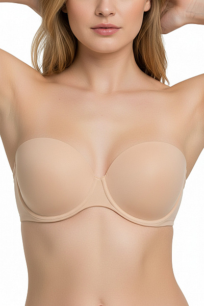 Dámská Podprsenka Hladká Bez Ramínek Push Up Béžová Vel. D