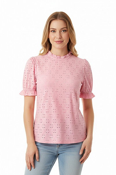 VILA Růžová Halenka S Krátkým Rukávem A Volánky Madeirová Velikost M