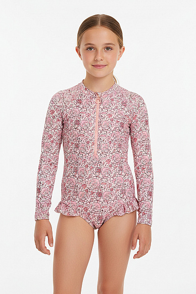 WE  Dívčí Plavky S Dlouhým Rukávem A Volánkem Růžové Květinové Vel. 110/116
