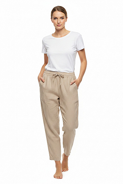 Dámské Lněné Kalhoty Volnočasové Béžové S Kapsami Vel. L