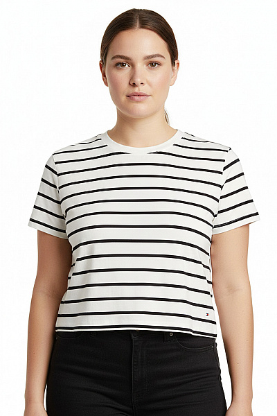 TOMMY HILFIGER Dámské Bavlněné Pruhované Tričko S Krátkým Rukávem Crop Top Vel. EU XL