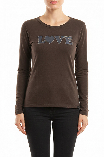 DESIGUAL Dámské Tričko S Dlouhým Rukávem A Potiskem LOVE Hnědé Bavlněné Basic Vel. EU M