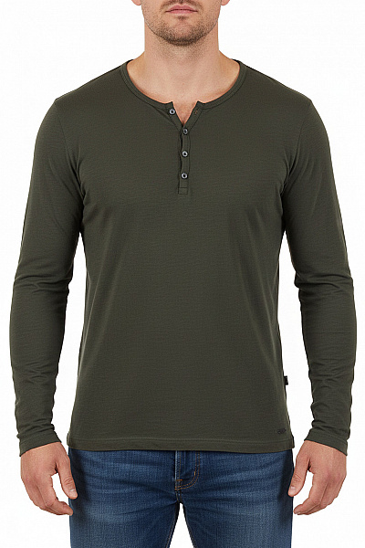 Key Largo Pánské Tričko S Dlouhým Rukávem Henley Zelené Bavlněné Basic Velikost L