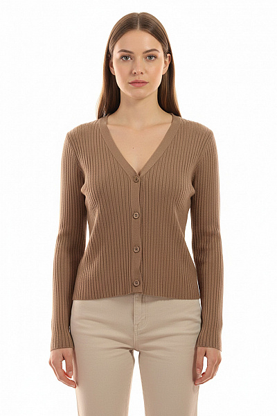 PIECES Dámský Hnědý žebrovaný Kardigan S Dlouhým Rukávem Na Knoflíky Velikost M