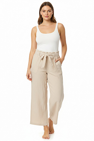 JACQUELINE DE YONG Dámské Lněné Kalhoty S Páskem Volnočasové Letní Béžové Velikost 38