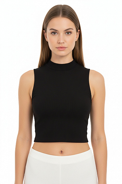 Dámské černé Tričko Bez Rukávů Crop Top Se Stojáčkem Velikost 38