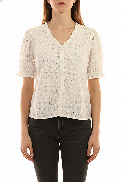 Cream Bílá Bavlněná Halenka S Krátkým Rukávem A Výstřihem Do V Madeirová Romantická Velikost EU 36