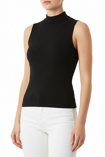 Dámské černé Tričko Bez Rukávů Crop Top Se Stojáčkem Basic Velikost 34