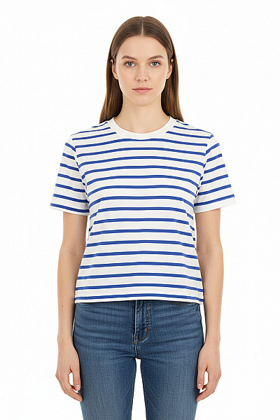 Dámské Tričko S Krátkým Rukávem Pruhované Bavlněné Basic Vel. 38