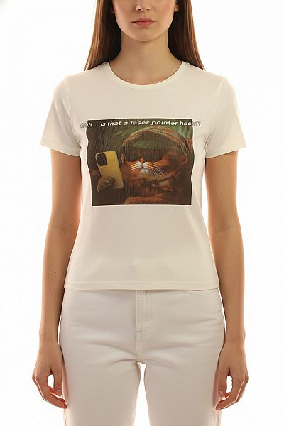 Bershka Dámské Tričko S Krátkým Rukávem A Potiskem Kočky S Nápisem Velikost M