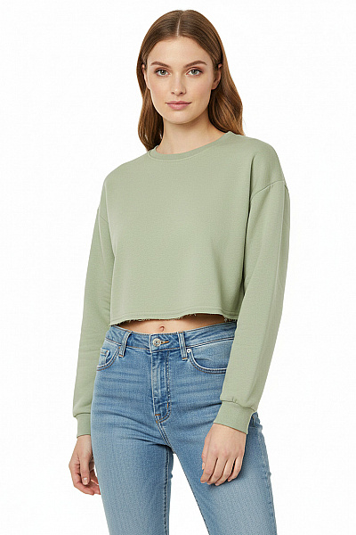 Dámská Bavlněná Mikina Crop Zelená Jednobarevná Crewneck Velikost XS
