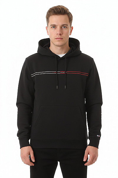 TOMMY HILFIGER Pánská černá Bavlněná Mikina S Kapucí A Klokaní Kapsou Velikost L