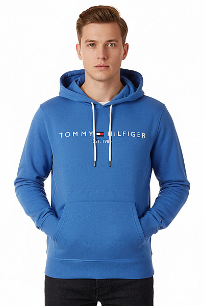 TOMMY HILFIGER Modrá Bavlněná Mikina S Kapucí A Potiskem Přes Hlavu Vel. XL