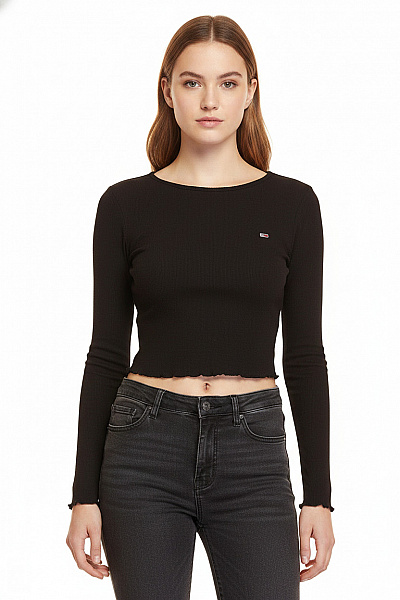 TOMMY HILFIGER Dámské černé Tričko S Dlouhým Rukávem Crop Top Basic Velikost EU S
