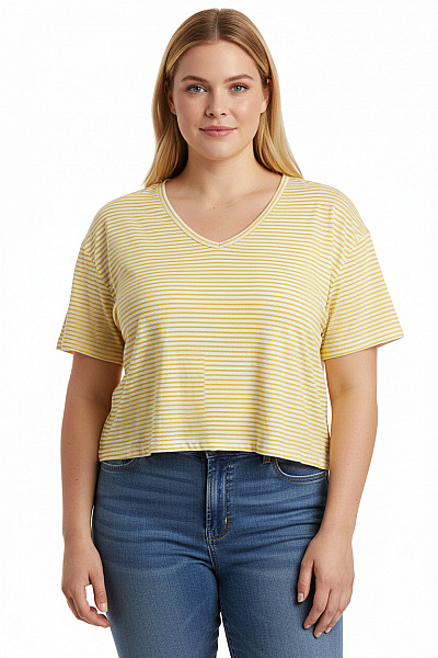 Marc O´Polo Dámské Tričko Krátký Rukáv žluté Pruhované Crop Top Bavlněné Vel. EU XXL