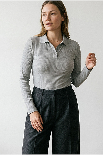 Les Lunes Šedé Dámské Body S Dlouhým Rukávem Polo Límeček Knoflíky Basic Vel. L