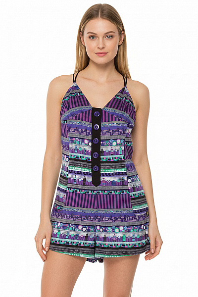 Insight Dámský Overal Bez Rukávů Fialový Pruhovaný Bavlna Letní Velikost XS