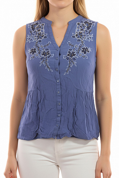 Per Una Dámská Halenka Bez Rukávů Modrá Vyšívaná Květinová Velikost EU 40