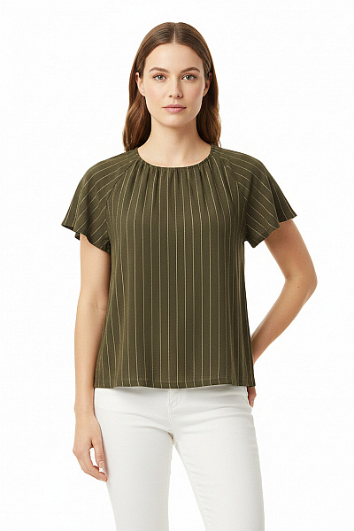 Marks & Spencer Dámské Tričko Krátký Rukáv Pruhované Zelené Velikost EU 42