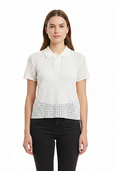 ZARA Dámské Bílé Tričko S Krátkým Rukávem A Výstřihem Polo Crop Top S Průstřihy Vel. EU L